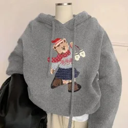 Christmas Bear Y2K Print Sweater Hoodie Gray Knitted Tops Harajuku Sweet Teens Girls Loose Autumn Winter Clothes Korean Fashion