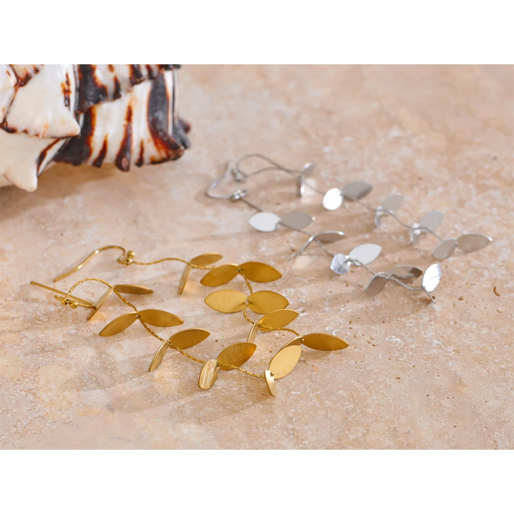 Yhpup Vintage Retro Old Stainless Steel Leaf Long Hanging Drop Earrings PVD Plated Prevent Allergy Metal Stylish Jewelry France — zdjęcie 3