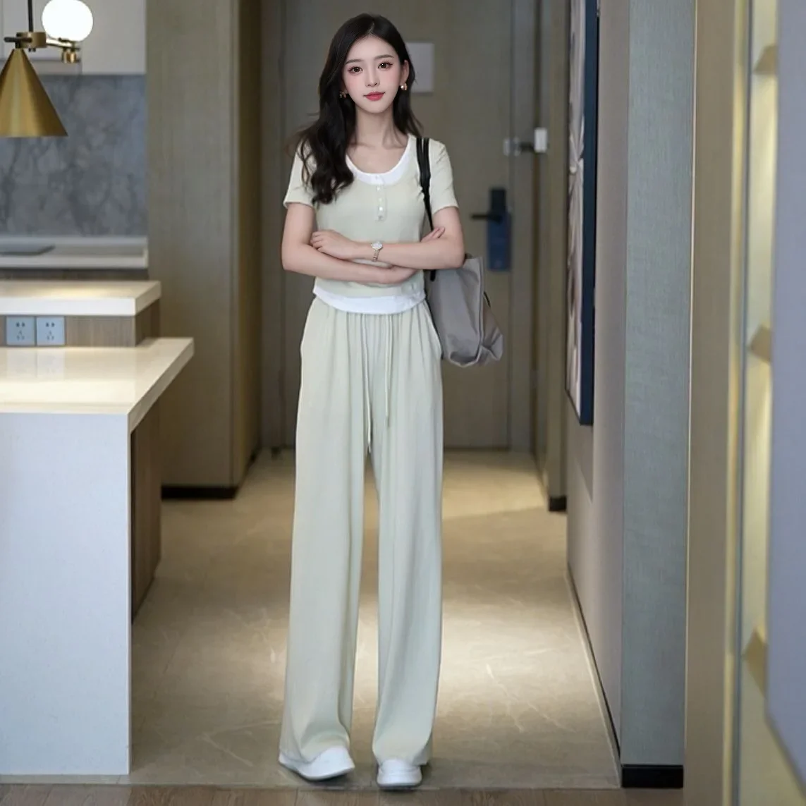 

Summer Top and Pant Sets for Women 2 Pieces Wide Leg Trousers Woman Apricot Full Fashion Clothing Promotion Chic Elegant JJ235