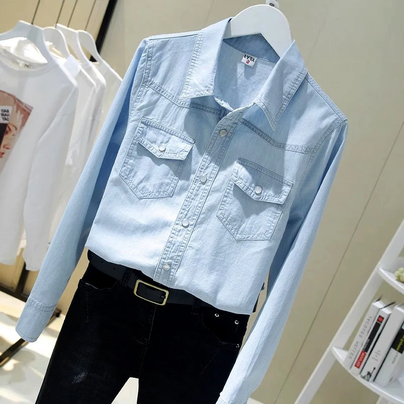 

Blue Denim Shirt For Women Long Sleeved Lapel Simple Slim Fit Shirt Spring Autumn Double Pocket Casual Blouse Female