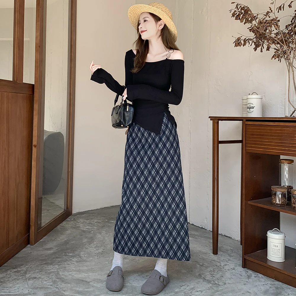 موضة جديدة منقوشة ميدي تنورة للنساء الخريف الشتاء المتخصصة تصميم البريد مستقيم تنورة عادية مكتب سيدة التنانير الطويلة