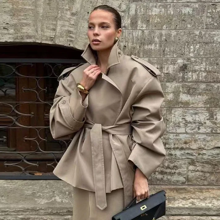 

2025 Women's Cropped Trench Coat Euro-American Streetwear Oversized Casual Long Sleeve Belted Lapel Jacket Fall Outerwear