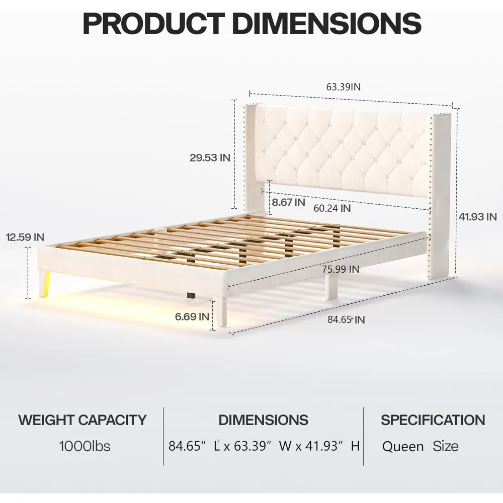 Estrutura de cama grande com luzes LED, plataforma de veludo macio, estrutura de cama com botão, cabeceira traseira de asa capitonada e estribo