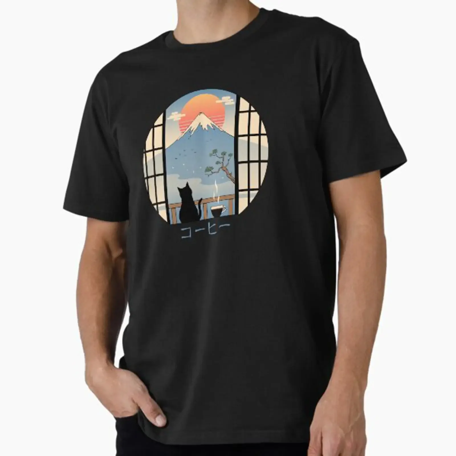 Coffee Cat in Mt Fuji designed and sold by vincenttrinidad vintage Washed homme Casual graphic Versatile Stylish streetwear