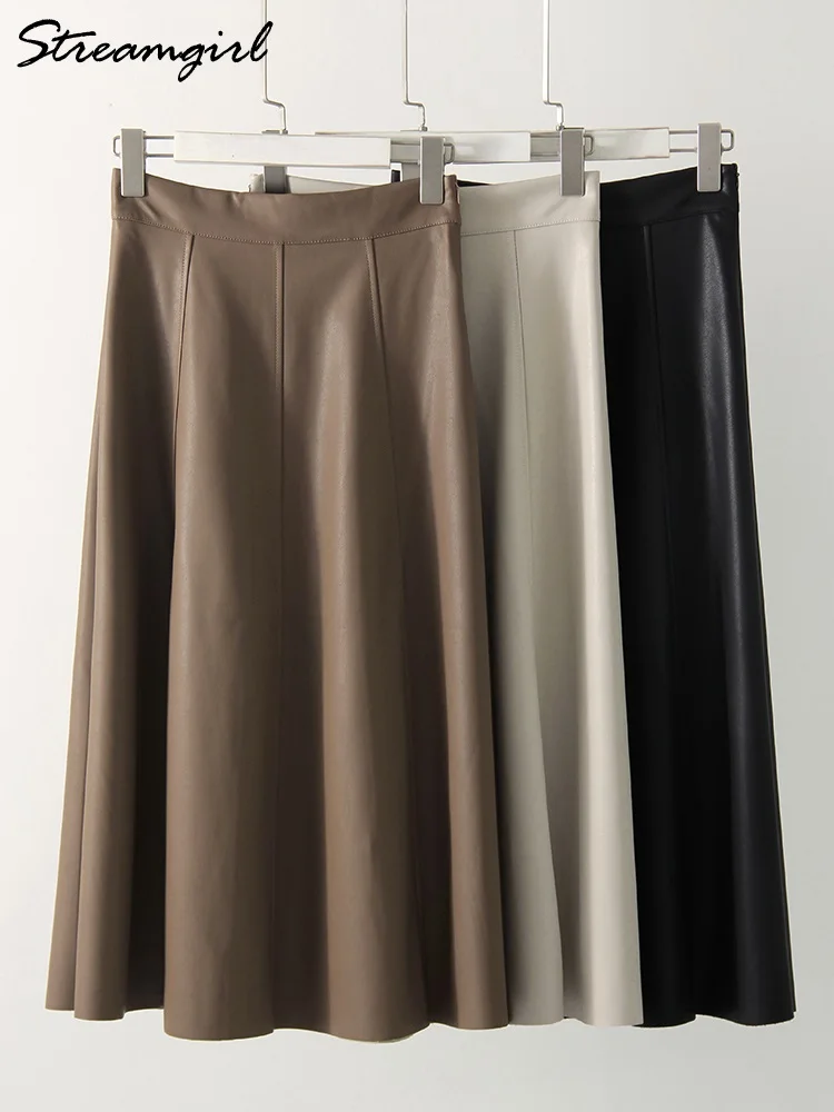 Streamgirl Beige Leather Midi Skirt Women Elegant High Waist A Line PU Skirts Female High Quality Black Skirts For Women 2024