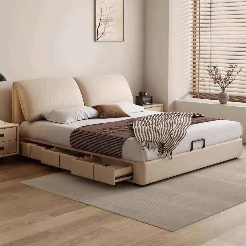 Design Unique Double Bed Minimalist White Modern Storage Double Bed Pliable Wooden Base Cama Matrimonial Furniture For Home