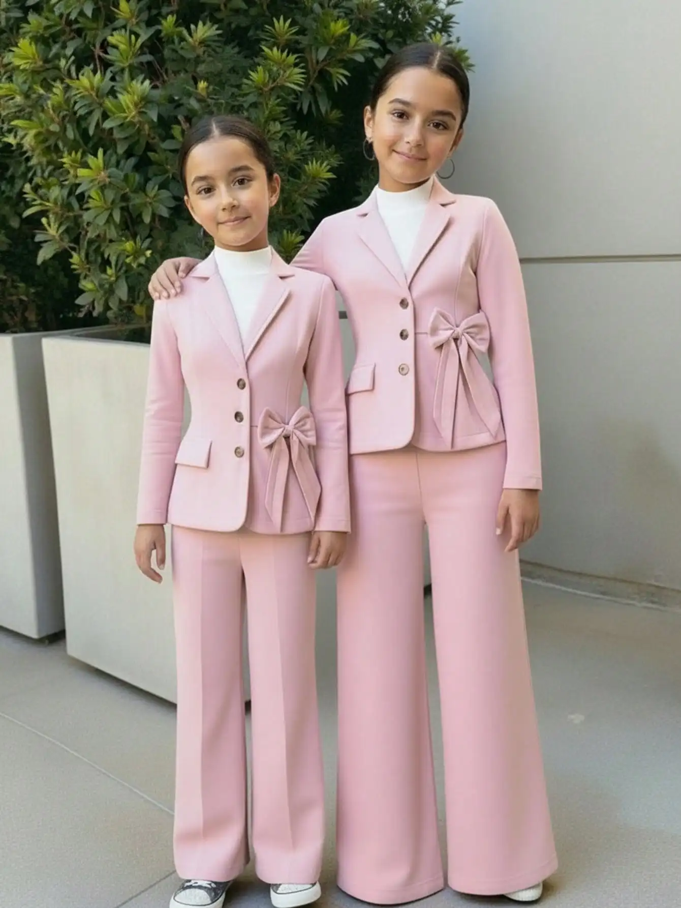 

Розовый комплект для девочек: однобортный блейзер с бантом и широкие брюки для полупринудительных мероприятий