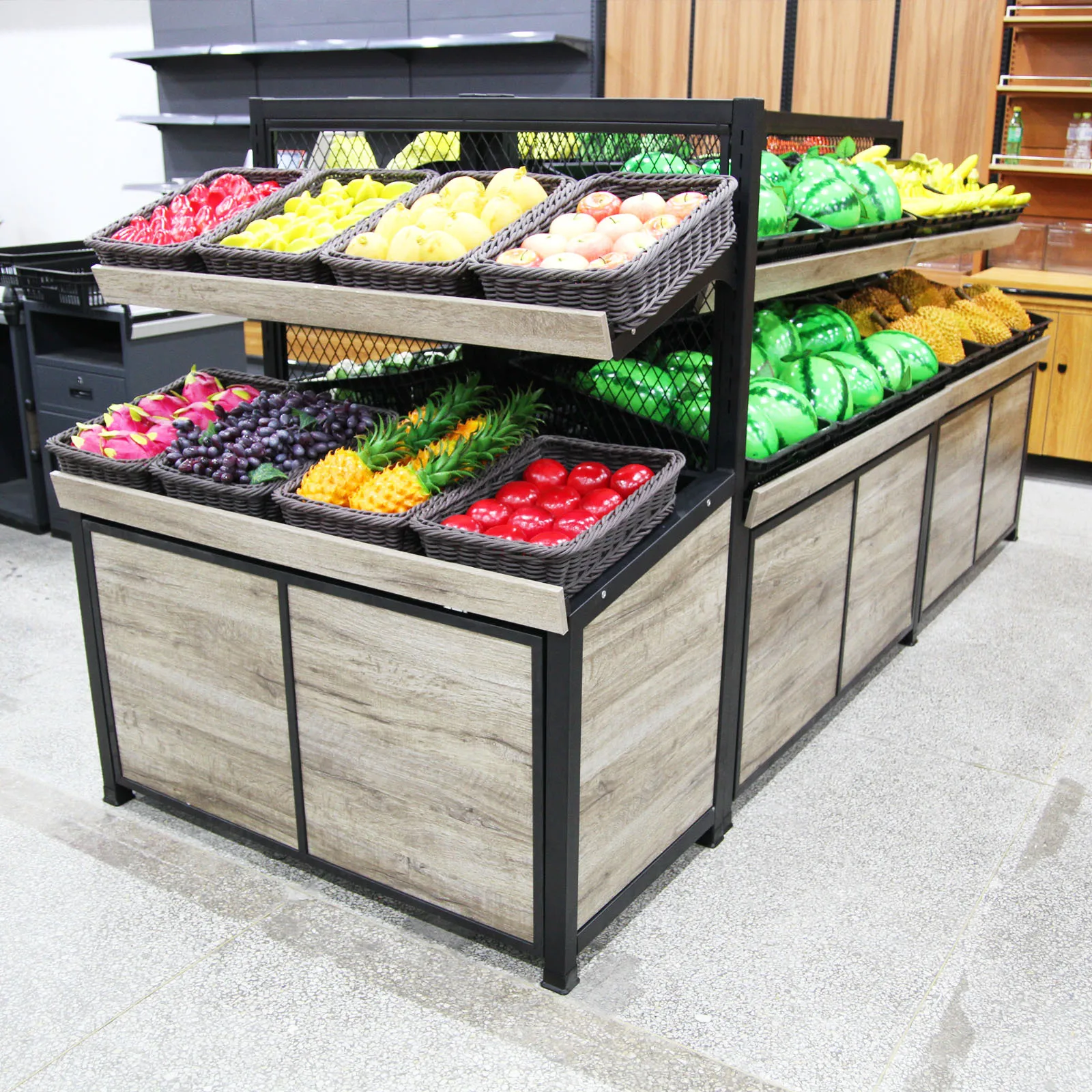 

Supermarket vegetable and fruit shelf display shelf multi-functional fresh shelf fruit store steel wood fruit and vegetable