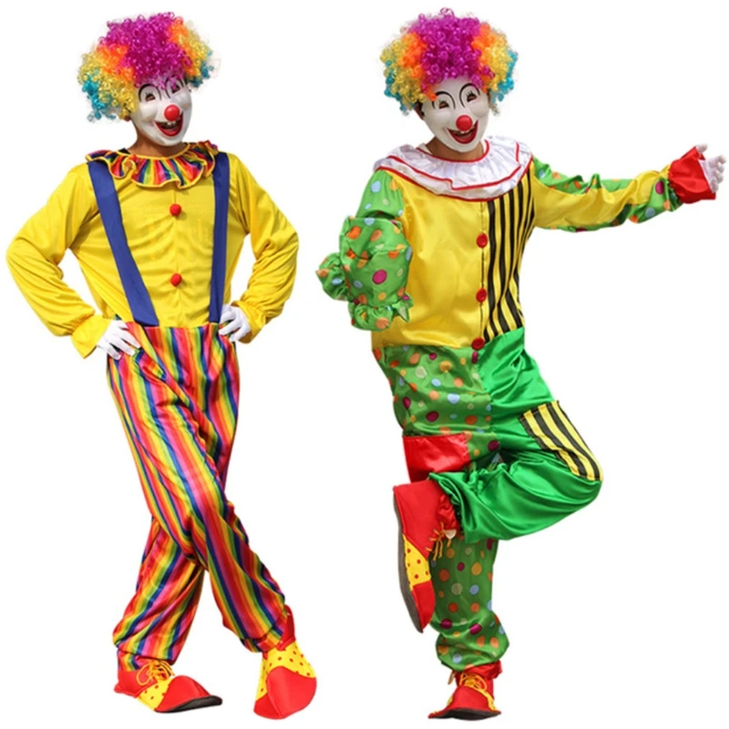 Clown Deluxe Mannen Kostuum Set Clown Kostuum Halloween Mannen Kostuums Voor Volwassen Mannen Felle Kleur Podium Clown Kostuums