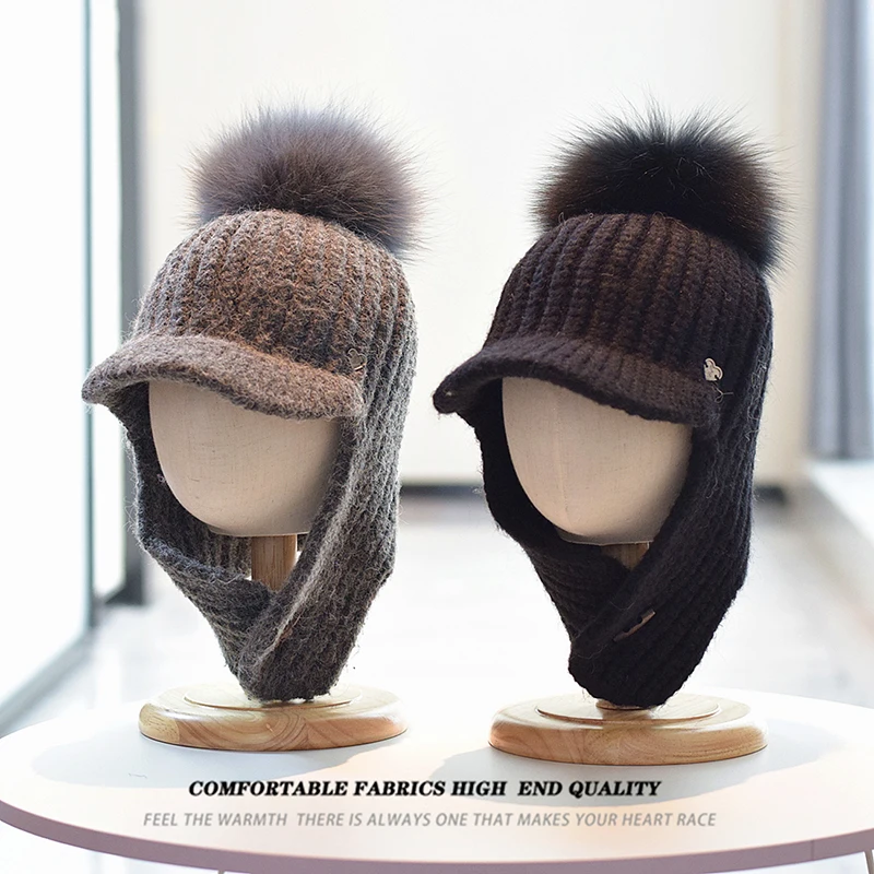 Topi Earflap Cap Visor Wanita Musim Dingin Rajutan Bulu Rubah Asli Pompom Aksesori Hangat Untuk Cuaca Dingin Musim Gugur Olahraga Ski Luar Ruangan