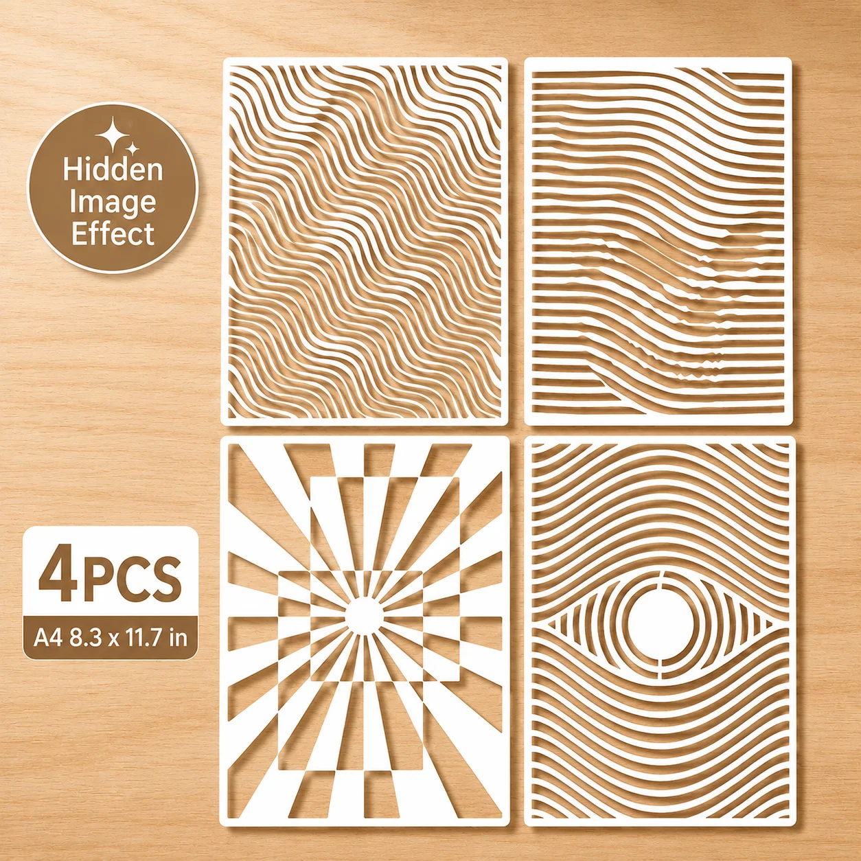 4PCS A4 8.3 X 11.7 in Optical Illusion Stencils Abstract Line Painting Templates for DIY Wood Wall Canvas Crafts
