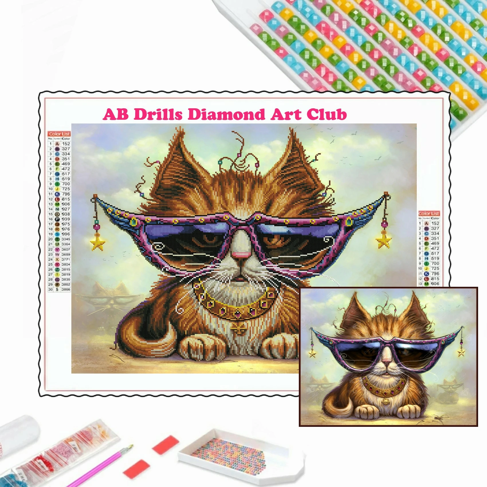 Cat With Glasses 5D DIY AB Drills Diamond Painting Embroidery Fantasy Cross Stitch Art Rhinestone Mosaic Home Decor Child Gifts