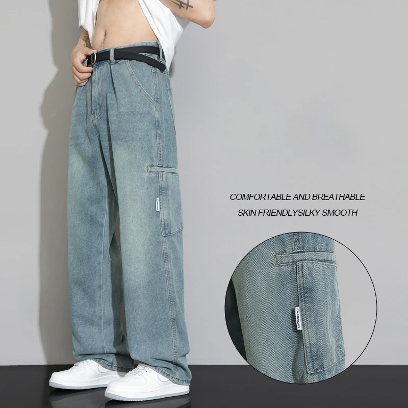 Autumn Vintage Jeans Men's Fashion Pocket Cargo Pants Casual Straight Loose Korean Personality Wide-leg Denim Pants Male