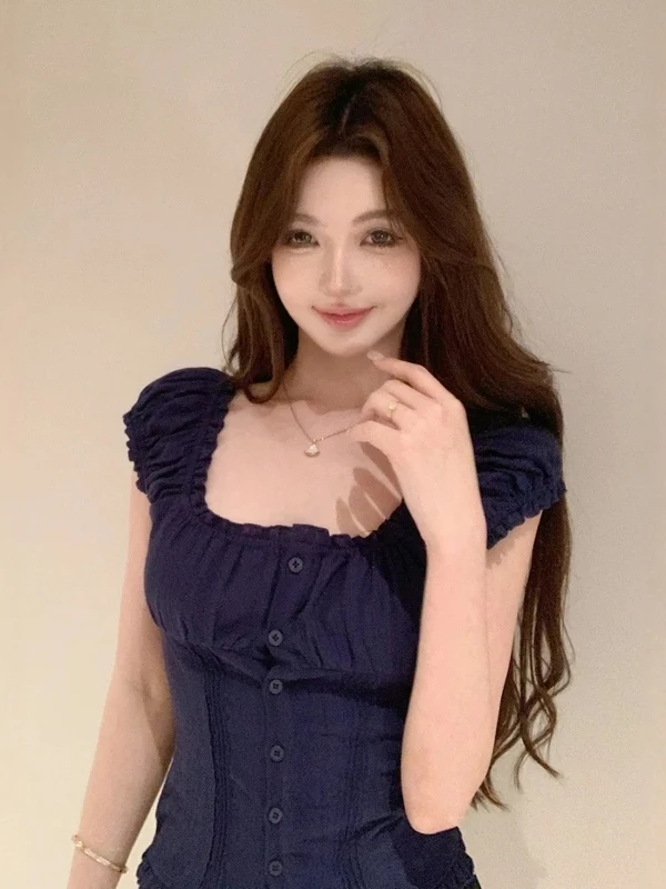 Koreański Delikatny Bluzka z Falbanką przy Kołnierzyku lub Sweter Damski Dopasowany Krój Letni Nowy Modny Prosty Oddychający Przyjazny dla Skóry