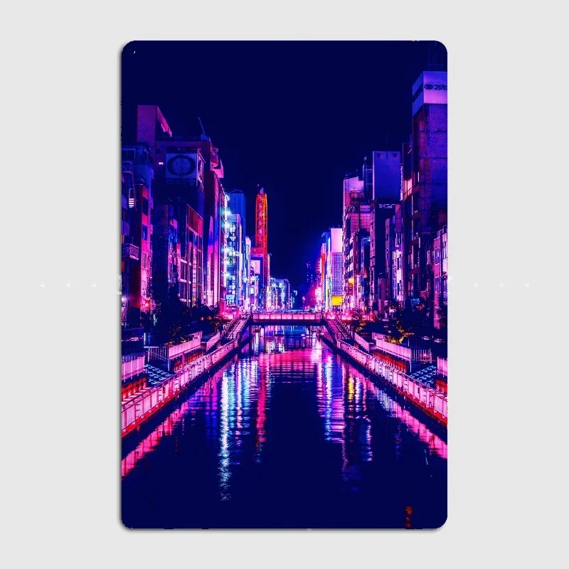 Osaka Japan at night cyberpunk stylMetal Print Mural Garage Decoration Club Party Vintage Tin Sign Poster Coffee/Bar decoration