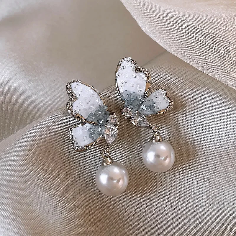 Blue White Gradual Gravel Crystal Butterfly Imitation Pearl Drop Earrings for Women Party Animal Jewelry Wholesale Girl Gift