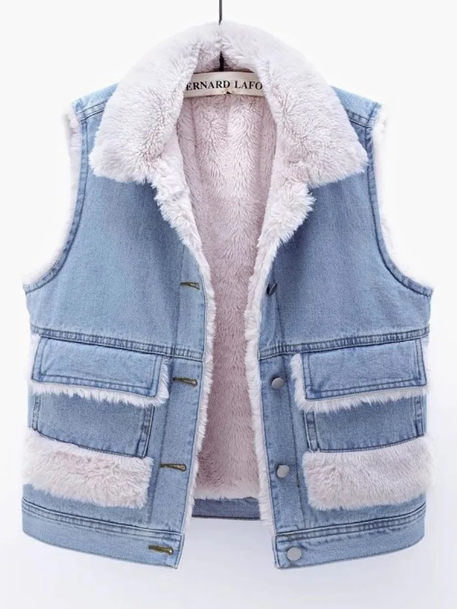 

Winter New Women's Short Sleeveless Cotton Jacket Fleece Lined Warm Top Denim Vest Thermal Clothing 2025 Winter Collection