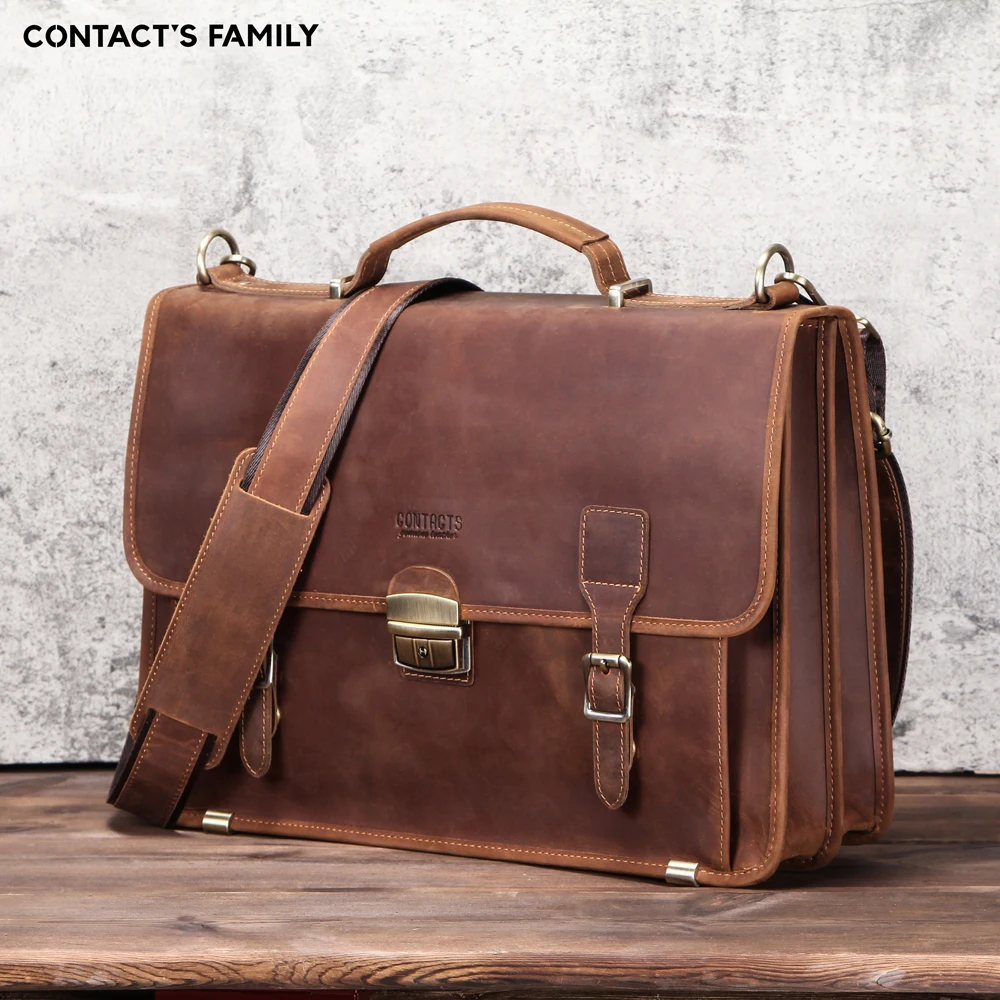 Retro Luxury Genuine Leather Briefcase Laptop Bag for Macbook Air 13.3 Inch with Cover and Shoulder Strap Business Crossbody Bag