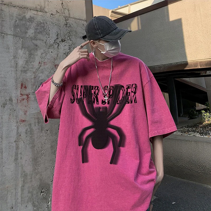 REDDACHIC Spider Print Men Short Sleeves T-shirt Hip Hop Dancer Oversize Graphic Tee Top Crew Neck Loose Casual Summer Clothes