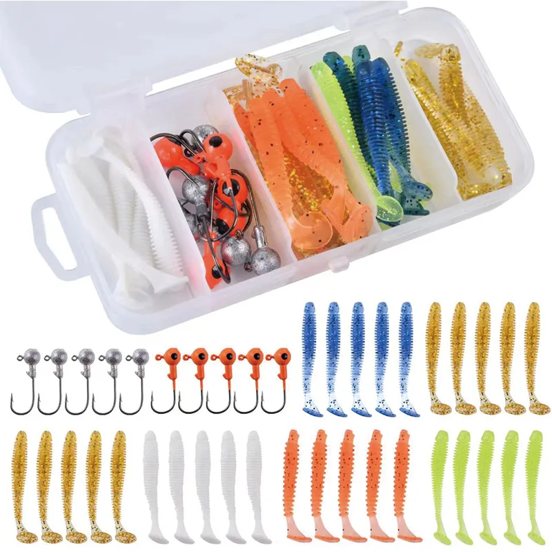 40pcs/lot Soft Lure Kit Soft Fishing Lure 5cm 0.7g Jig Head Hook 3.2cm 3.5g Fishing Hooks with Fishing Tackle Box Pesca