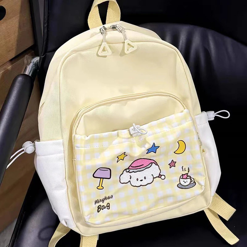 

HAEX Cartoon Women Backpacks 2025 Casual Nylon Dopamine Plaid Mochilas Para Mujer Students Commute Multi Pockets Bag Female