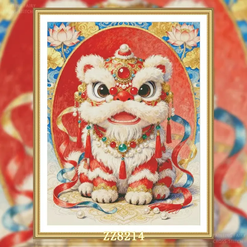

ZZ8214 - Lotus Lion Dance 14CT 16CT 18CT Stamped Cross Stitch DIY Set Chinese Pattern Kit Needlework Embroidery 122 Colors