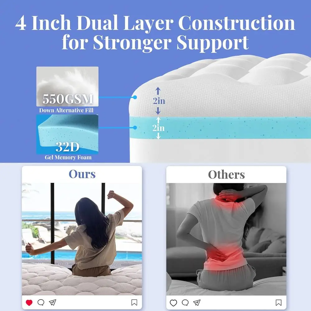 مرتبة علوية من 4 طبقات مزدوجة مقاس كوين مع 2 رغوة ذاكرة جل و2 وسادة علوية، دعم متوسط، تناسب 6-19 مرتبة #3