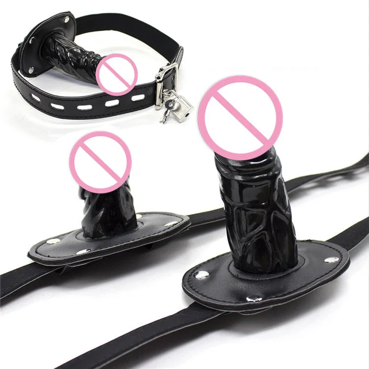 BDSM Slave Adult Game Silicone Penis Plug Dildos Open Mouth Gag With Locking Buckles Leather Harness Bondage Sex Toys For Couple