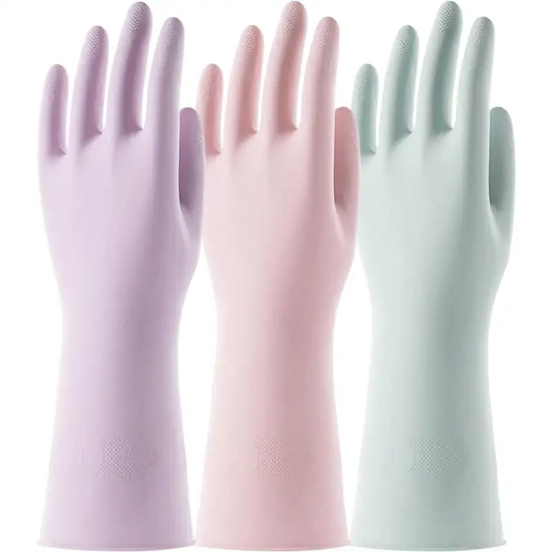 

3 Pairs Reusable Rubber Gloves for Dishwashing Cleaning Bleaching, Grippy Latex Dish Washing Gloves with Flocked Cotton Liner