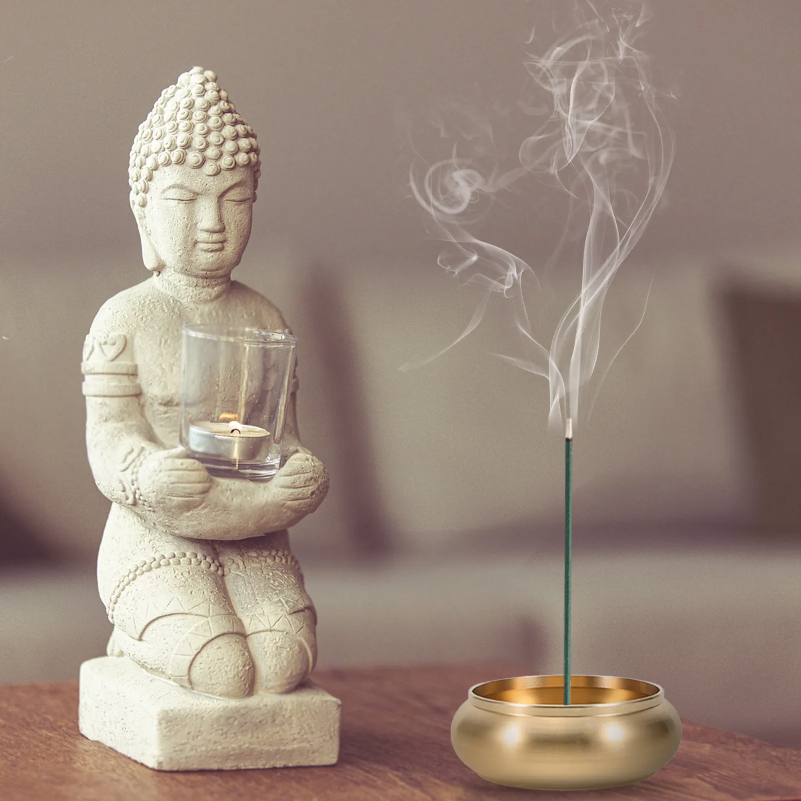 Brass Incense Burner Ashtray Round Metal Desktop Ash Holder for Home Office Living Room Decorative Wealth Attracting Pot Elegant