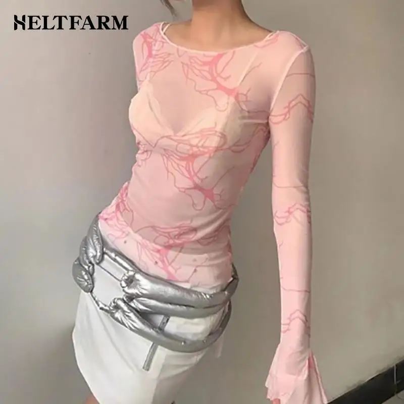 Tie Dye Mesh Tops Long Sleeve Graphic Print Sexy See Through T Shirt Women Tops Y2K Vintage Grunge