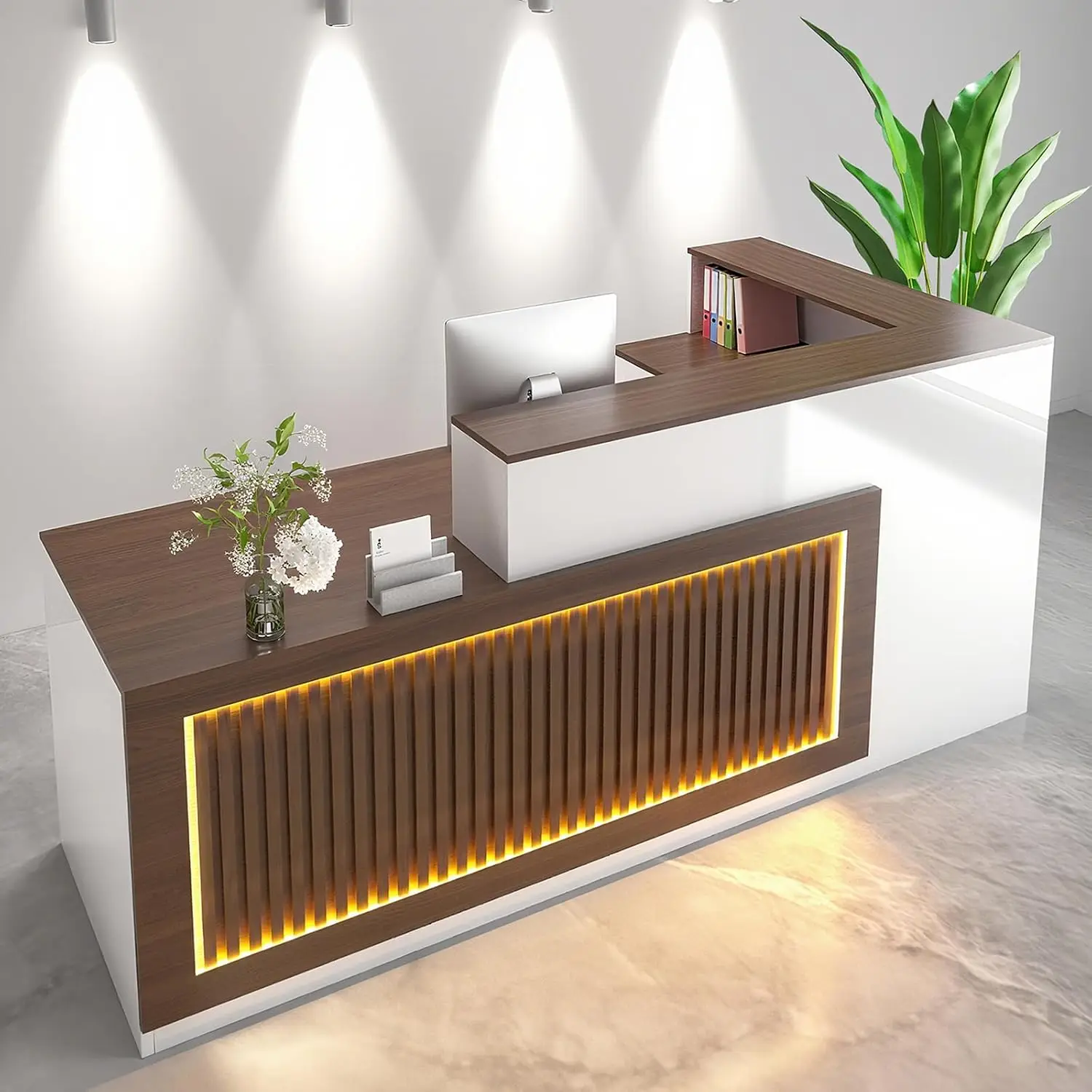 63″ L-Shaped Reception Desk with Left Countertop & Shelves, White & Walnut | Colored LED Strips, Large Capacity 2-Tier Shelves,