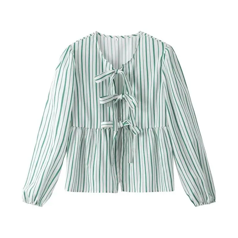 TRAF Green Striped Women\'s Blouse Tied Cut Out Long Sleeve Crop Top Female Ruched Youth Casual Summer Blouses For Women 2024