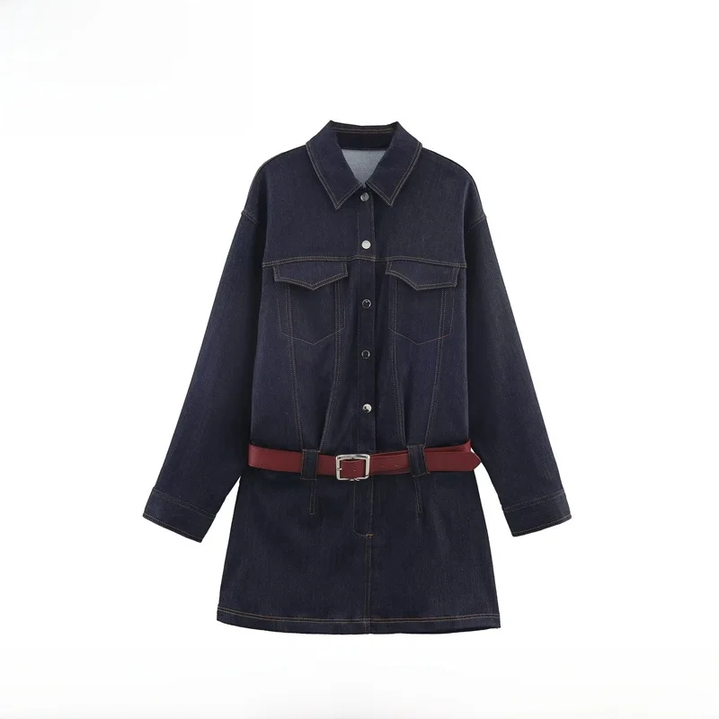 

EVEA New Women's Faion ort Denim Dr with Belt Casual Sle Long Sve H Version Loose Fit Polyester Fiber Winter Coll...