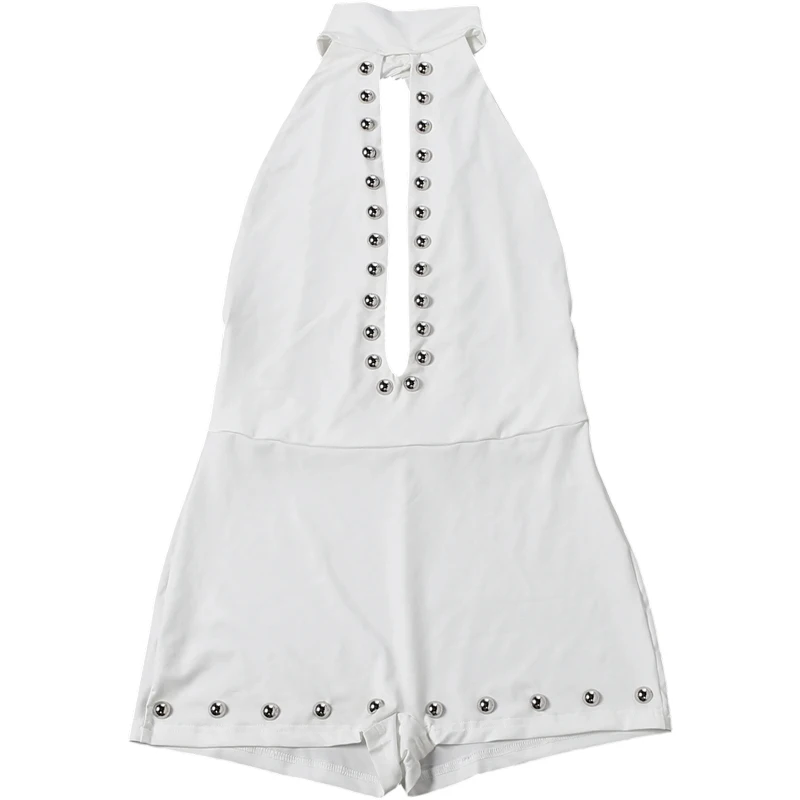 Weird Puss Hottie Hollow Romper Damen Trend Wilder Nieten-Patchwork Rückenfreier Neckholder Ärmelloser Trend Mitternachts-Street-Club-Playsuit – Detail 3