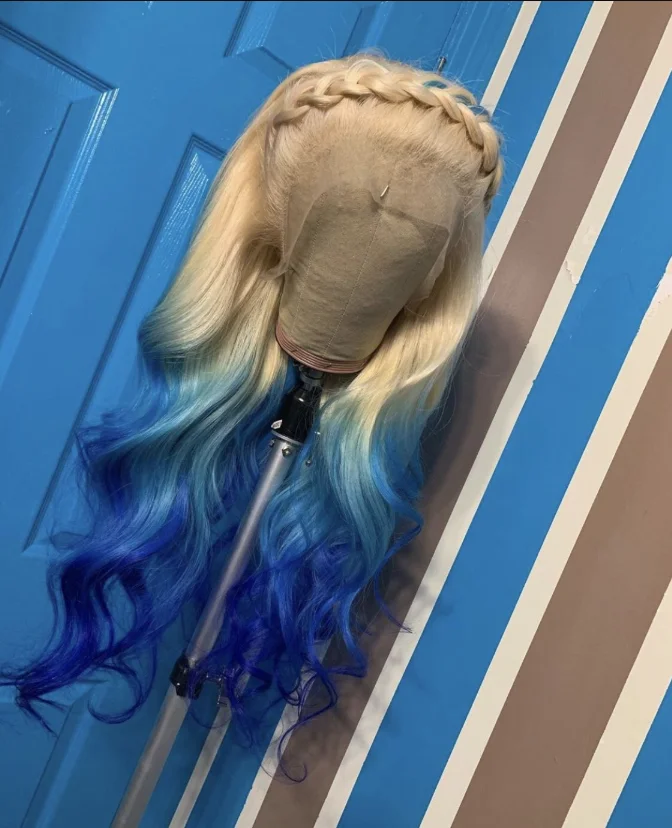 613 Blonde Ombre Blue Wig Long Wavy Wig Middle Part 26 Inch 13x4 Hd Heat Resistant Glueless Synthetic Wigs for Daily Party Use