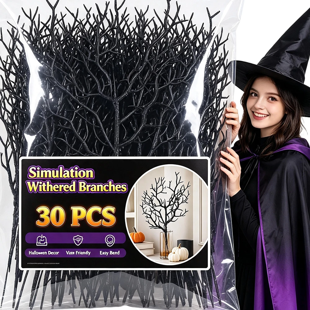 5/30PCS Halloween Artificial Dead Branch Dining Table Vase Decoration Plastic Black Withered Branches Floral Arrangements