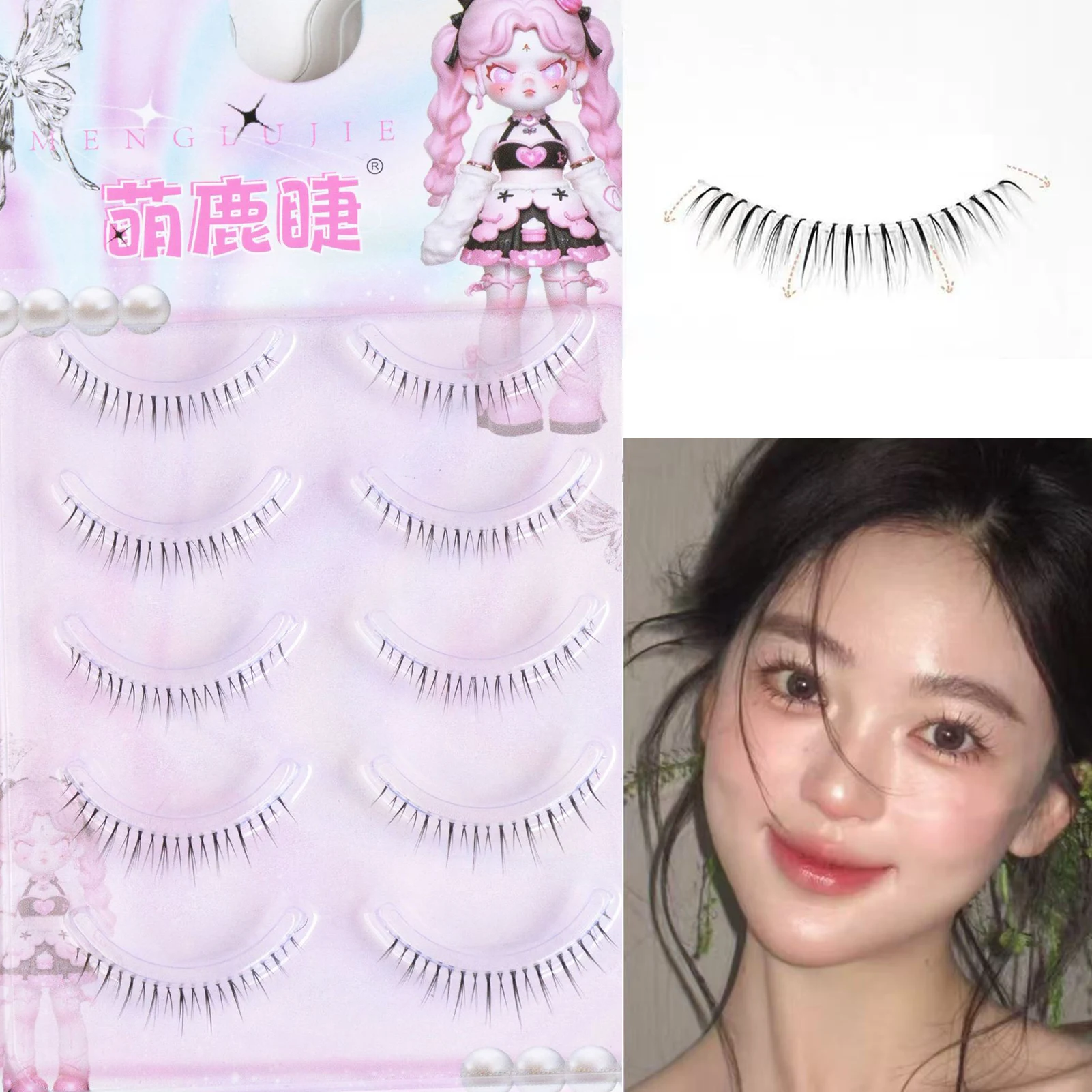 5 Paar koreanische Comic-Wimpern für untere falsche Wimpern, Vollstreifen, natürlich aussehende untere Wimpernverlängerung mit Kleber für das tägliche Make-up