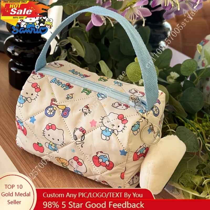 

Новая косметичка Sanrio Hello Kitty большой вместимости с узорами в виде велосипедов, вишни и звезд, подходит для поездок и прогулок.
