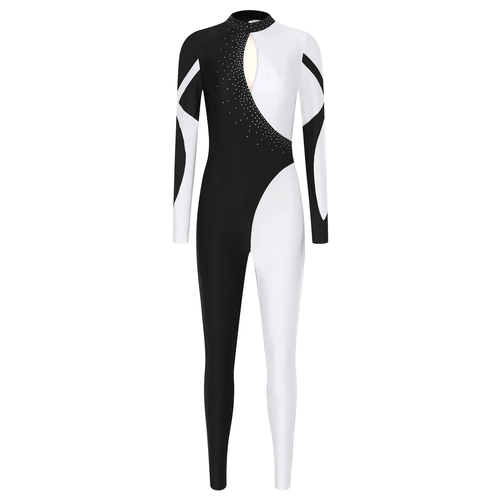 Womens Ballet Dance Gymnastics Leotards Figure Skating Acrobatics Performance Costume Long Sleeve Rhinestones Jumpsuit Bodysuit