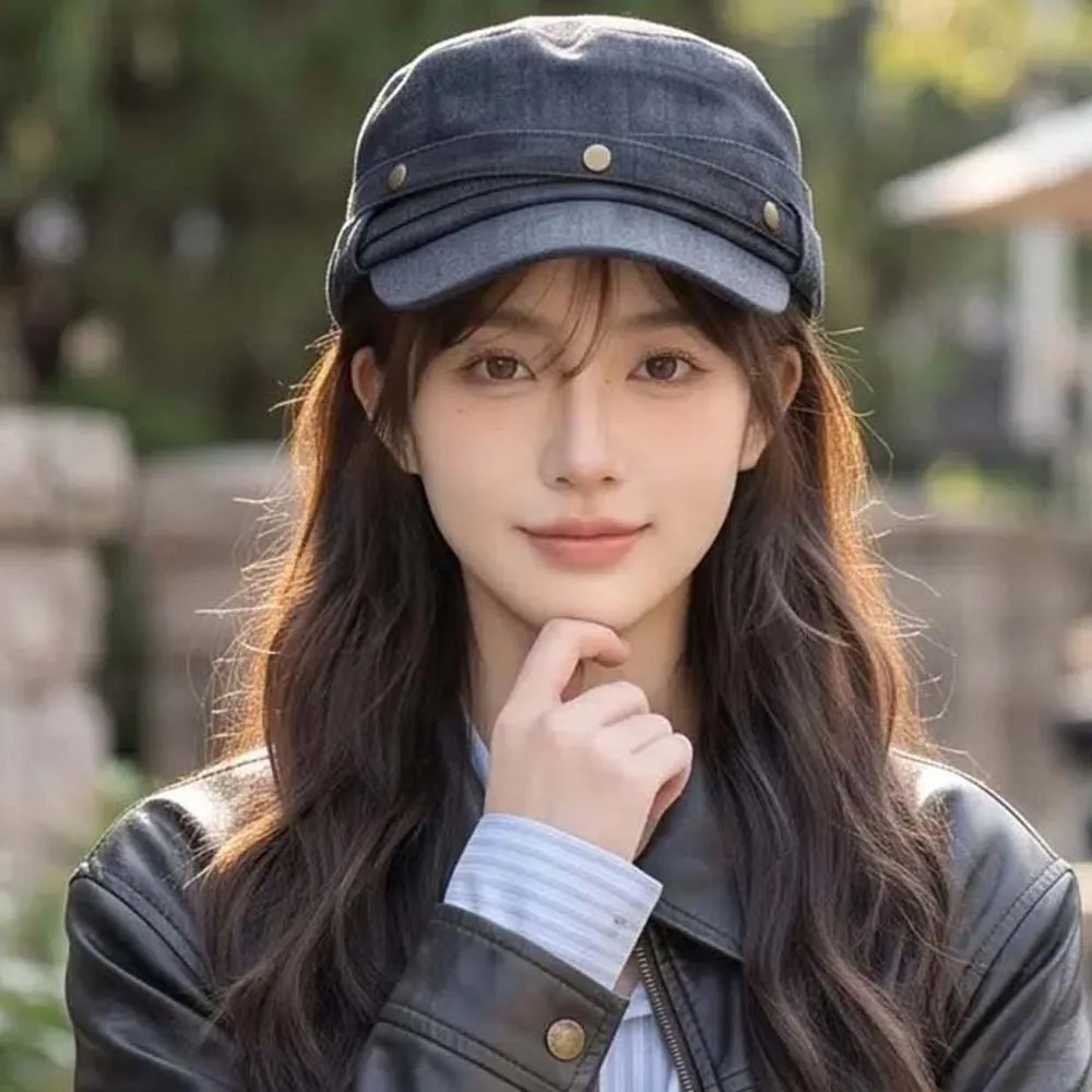 Washed Denim Denim Flat Hat Cross Ribbon Flat Crown Retro Equestrian Cap Breathable Solid Color Rivet Top Cap Weekend Outing