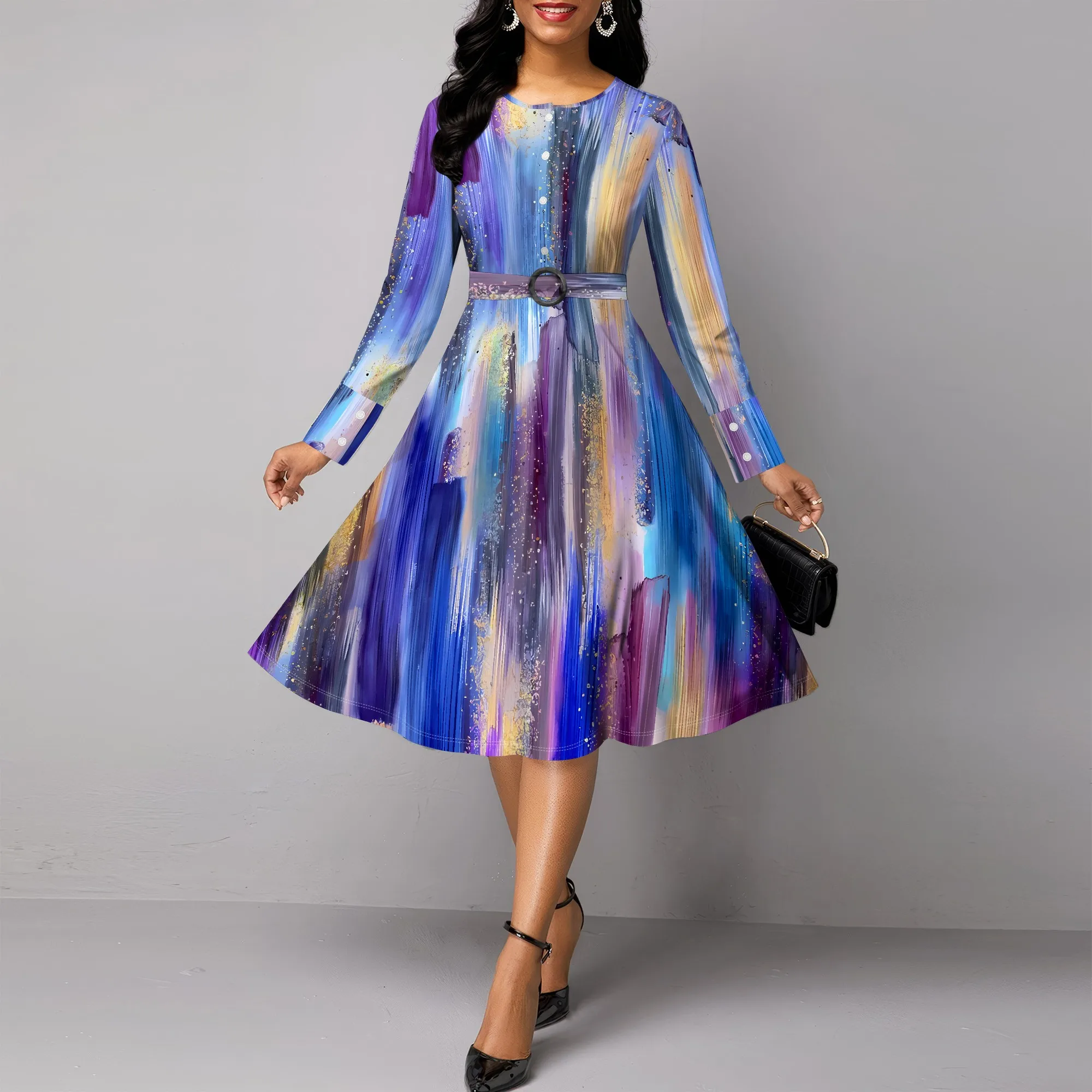 

Nupusa Colorful Paint - Splatter Print Dress for Women Standard Size Summer Casual Crew Neck Long - Sleeve Dress