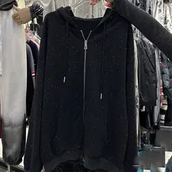 Sudaderas con capucha de talla grande para mujer, chaqueta de manga larga con estampado de diamantes, cárdigan con cremallera, 150kg, Primavera/otoño, 2024