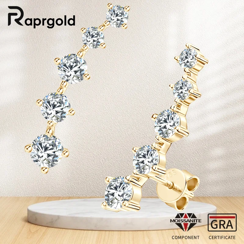 

RAPRGOLD GRA Certified Full Round Cut Moissanite Crawler Piercing Stud Earrings for Women 925 Sterling Silver Fine Jewelry Gifts