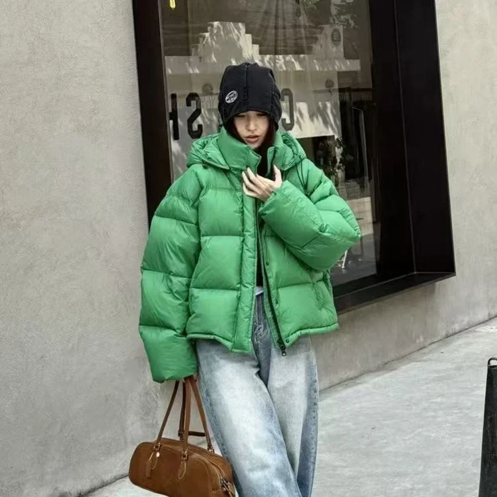 Womens Hooded Short Puffer Jacket Thick White Duck Down Coat Loose Oversized Winter Warm Fashion Outerwear