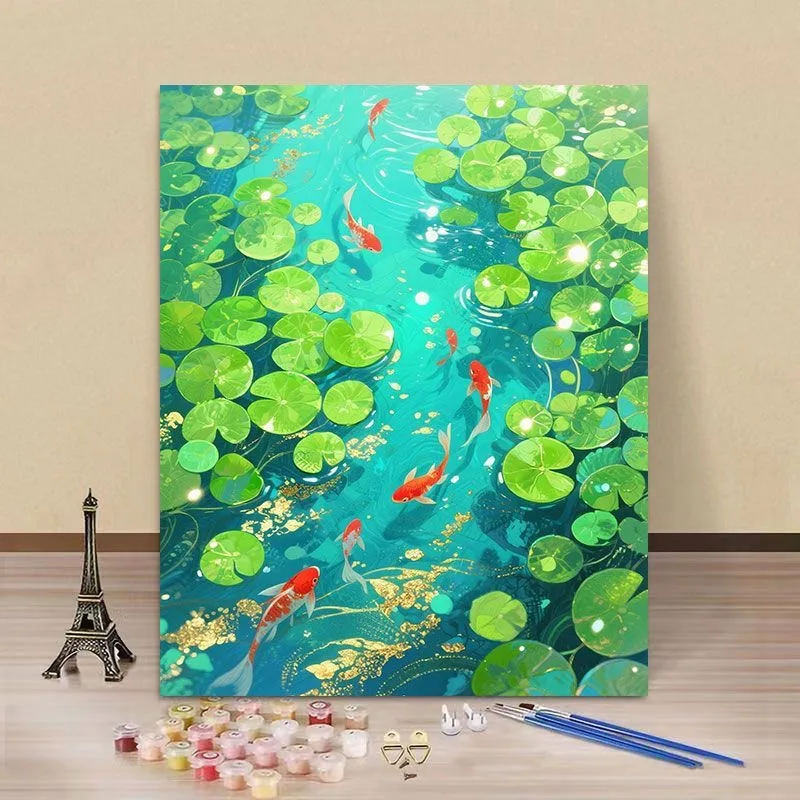 

A-0179 Goldfish Pond Oil Painting, Nature Landscape Artwork, Handmade Canvas Wall Decor for Bedroom/Office