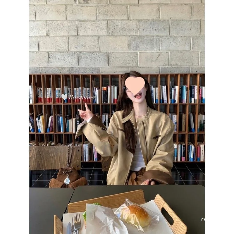 

color blocking leather jacket coat Women's Spring autumn Korean style fashion retro design sense loose fashionable solid top
