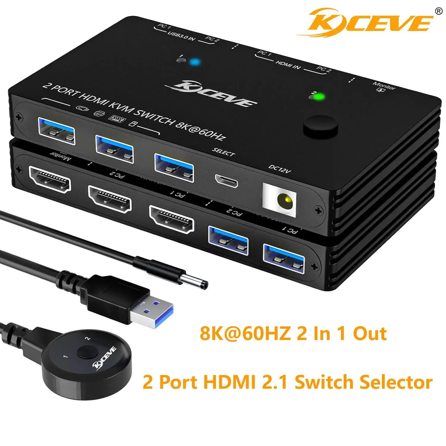 HDMI 2.1 KVM Switch, 8k@60HZ KVM Switch 1 Monitor 2 Computers for 3 USB Devices Hub Keyboard Mouse,KCEVE 2 Port Switch Selector