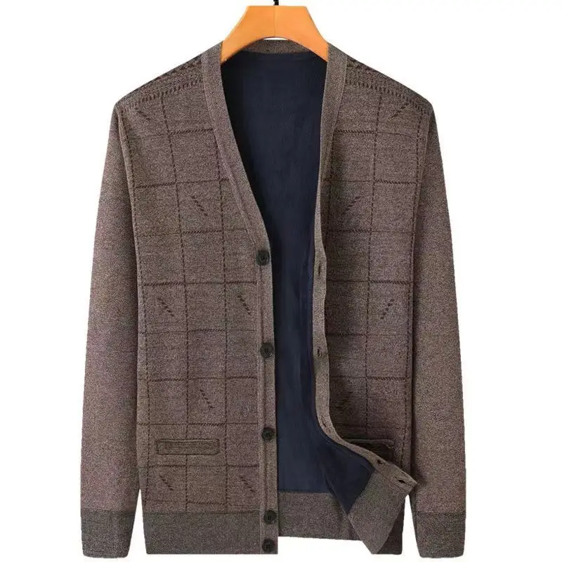 Men's Plaid Printing Cardigan Autumn Winter New Long Sleeve Button V Neck Loose Knitting Sweaters Vintage Casual Men Clothing