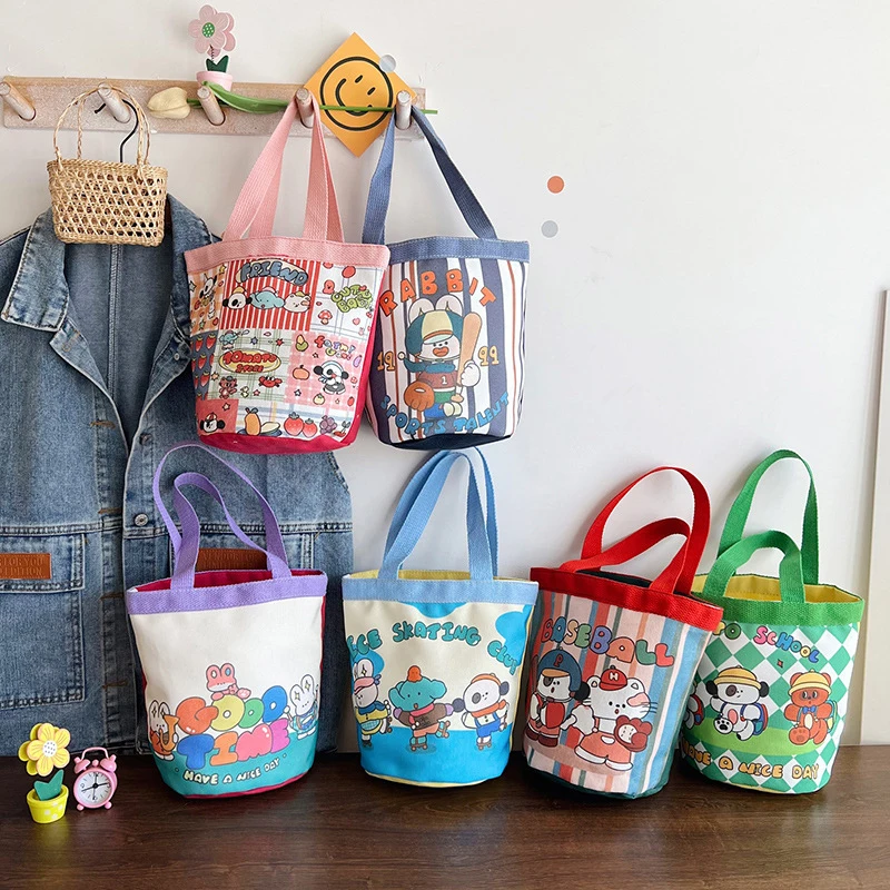 

Lovely Cartoon Printed Bucket Bag Portable Canvas Tote Bag Students Lunch Cylinder Handbag